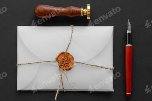 Preview: Notary public wax stamper. White envelope with brown wax seal, golden stamp. Responsive design