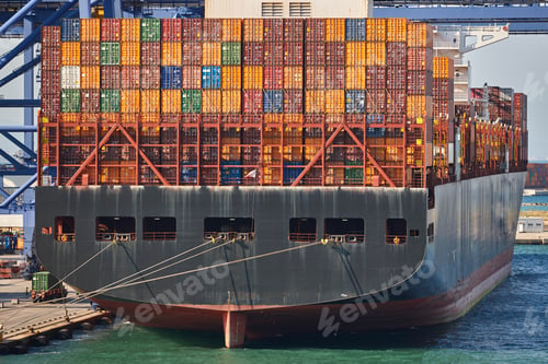 Preview: Containers on a vessel. Global market. Cargo shipping. International economy
