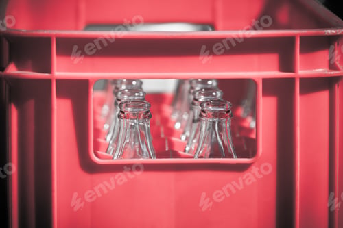 Preview: Red Plastic Crate with Empty Glass Bottles