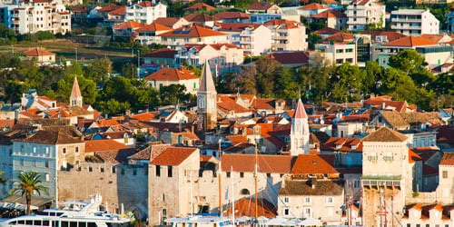 Preview: Panoramic photo of Cathedral spires at sunrise, Trogir, Dalmatian Coast, Croatia, Europe