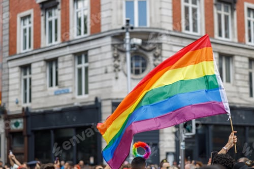 Preview: Diverse people are walking on a gay pride parade on the city streets with flags