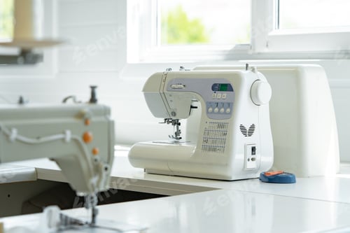 Preview: Sewing machine in textile factory close up