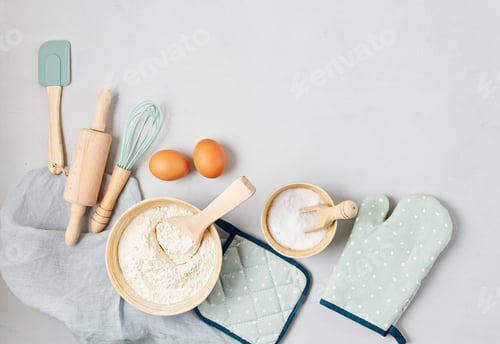 Preview: Rustic baking ingredients flat lay. Homemade pastry, baking. Top view flat lay background. Healthy