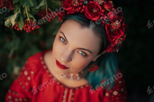 Preview: Woman with floral wreath wearing red embroidered shirt