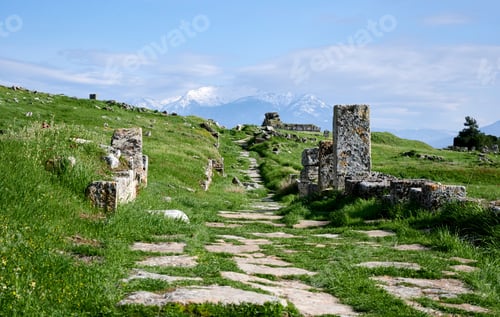 Preview: Ancient city of Hierapolis, near stunning landscape of Pamukkale's Cotton Castle in Aegean Turkey