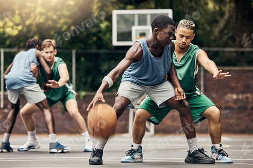 Preview: Sports, team and men playing basketball in a competition for college or university players with tal