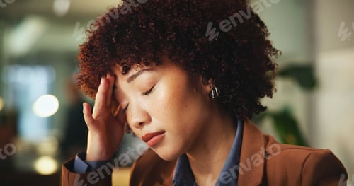 Preview: Night, headache or woman with stress in office for overtime or submission pressure with fatigue. Ov