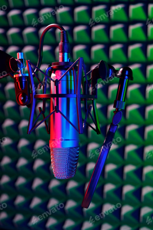 Preview: Professional studio microphone against acoustic foam panel background in neon light
