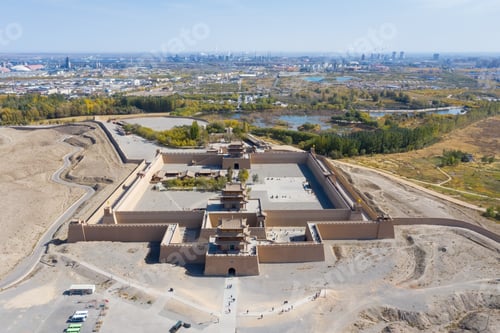 Preview: aerial view of jiayu pass in jiayuguan city