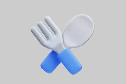 Preview: Crossed white fork and spoon with blue handle accent