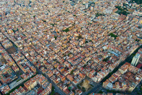 Preview: Typical Barcelona Neighbourhood residential area at sunrise with view of Villa de Gracia