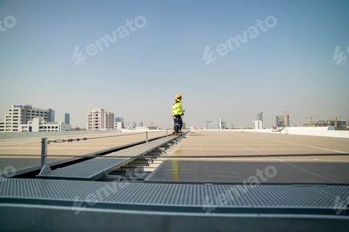 Preview: Worker performing maintenance on solar panels atop a building in a city on a clear day