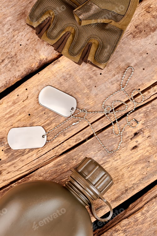 Preview: Military bottle, dog tags, and fingerless glove