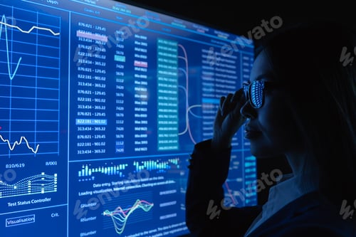 Preview: The business lady standing near the blue screen in the dark laboratory.
