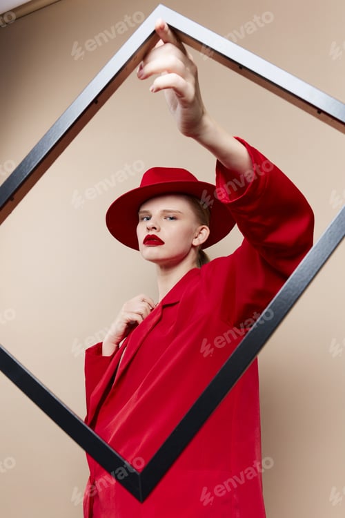 Preview: woman in red suit photo frame posing