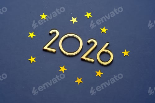 Visualização: Fundo azul festivo abstrato com estrelas douradas e o número é 2026.