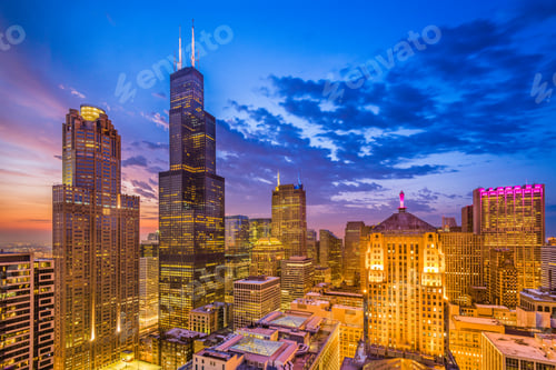 Preview: Chicago, Illinois, USA downtown cityscape at dusk.