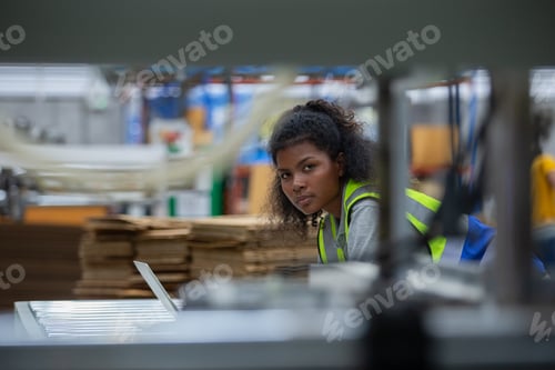 Aperçu: Employée américaine africaine utilisant un ordinateur portable pour vérifier la qualité et la quantité du produit en papier.