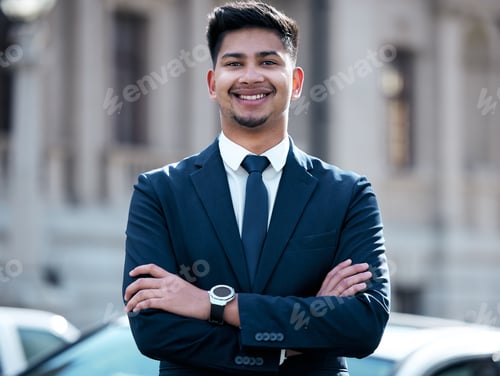 Preview: Portrait of a confident young businessman standing with his arms crossed in the city