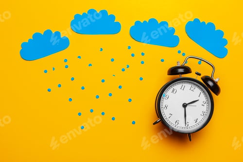 Preview: clouds cutout near alarm clock on yellow background top view