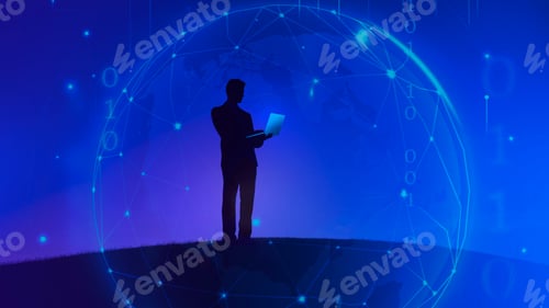 Preview: Businessman holding a laptop on a blue background