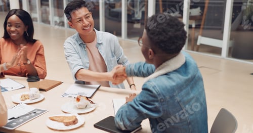 Preview: Success, handshake or black man happy with meeting sales target, kpi goals achievement or winning a