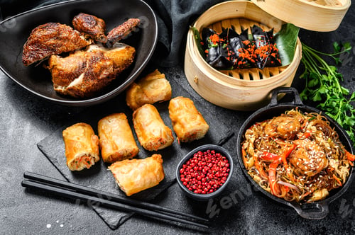 Preview: Chinese food. Noodles, dumplings, stir fry chicken, dim sum, spring rolls