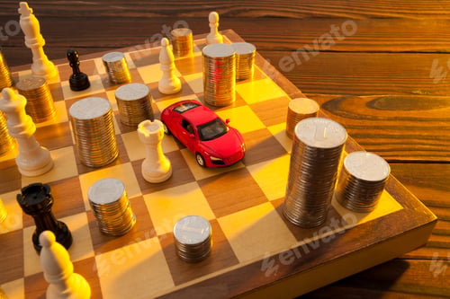 Preview: Coins, model car and chess pieces on chess board