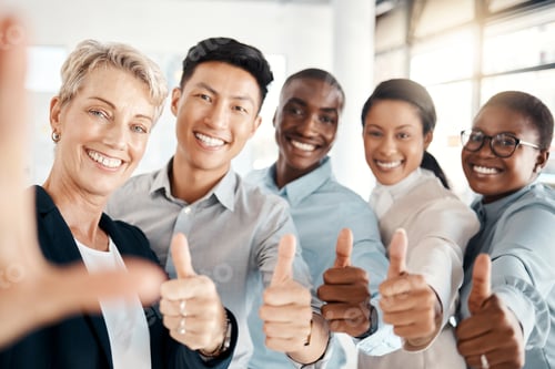 Preview: Thumbs up, thank you and happy business team with positive energy for motivation, professional succ