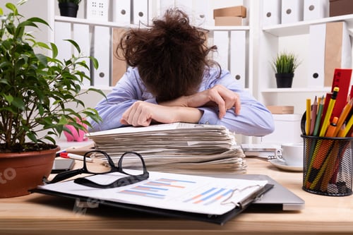 Preview: a tired woman works with a laptop on her desktop with calculator, pens, pencils, card, phone and a