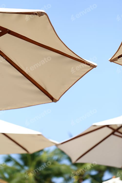 Preview: White fabric umbrella beach with tropical palm tree closeup blue sky in summer season background