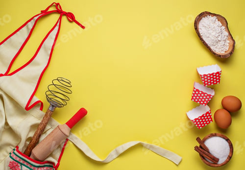 Preview: Ingredients for baking on yellow background