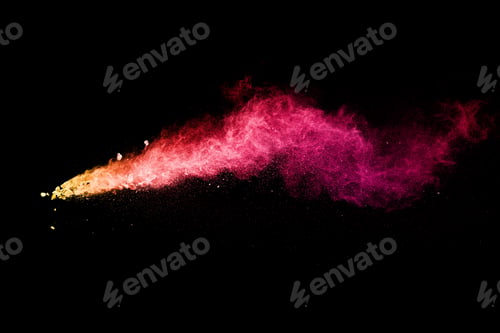 Preview: Split debris of stone exploding with red dust against black background.