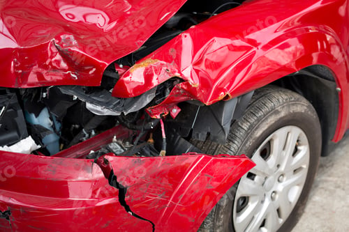 Preview: Red Car crash background. Front of red car get damaged by accident on the road