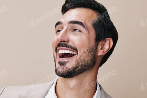 Preview: man portrait happy business beige shirt businessman copyspace smiling suit handsome
