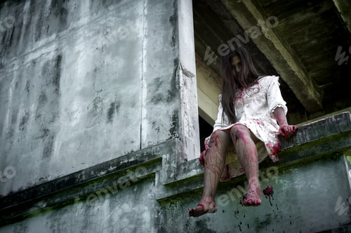 Preview: Zombie woman or ghost death with blood on house of ruin nightmare, horror