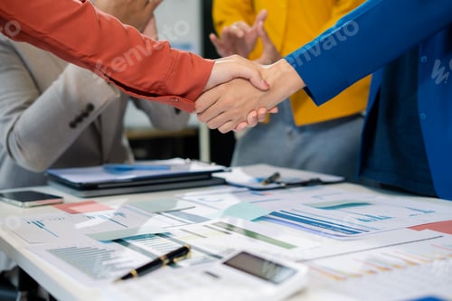 Preview: Happy creative business people are motivated, giving high five and celebration successful deal.