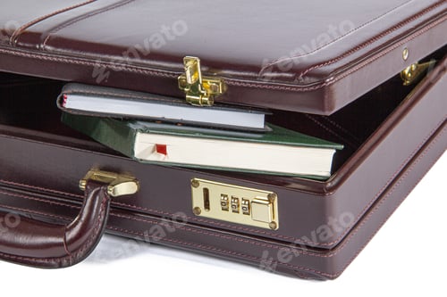 Preview: Modern leather suitcase with notebooks, isolated on white background
