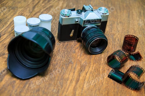 Preview: Retro photo camera on a wooden table. vintage style.