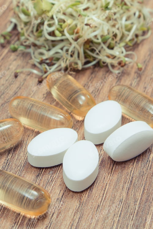 Preview: Sprouts as source vitamins and tablets supplements. Choice between healthy eating and pills