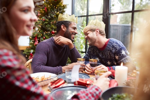 Preview: Gay Male Couple Sitting Around Table For Christmas Dinner Talking