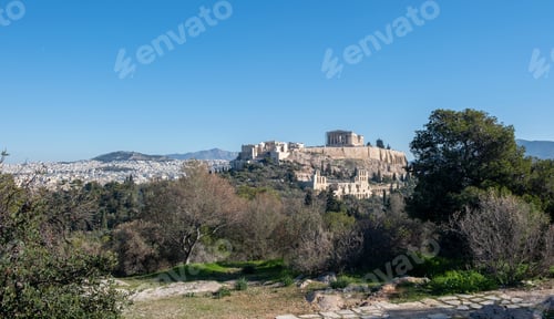 Preview: Athens, Greece. Parthenon and Propylaea, Acropolis hill and Herodeion. View from Philopappos hill