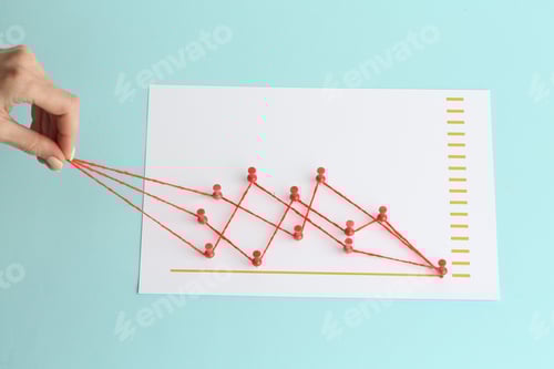 Preview: Colour chart with down arrow on the chart with the text female hand directs financial growth