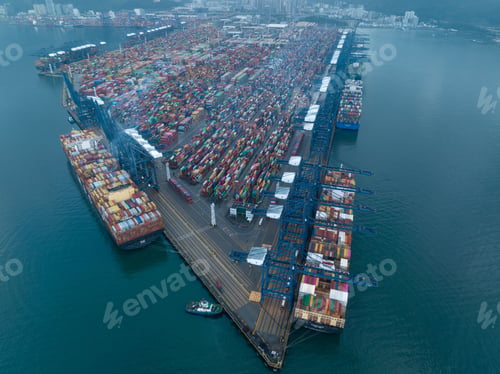 Preview: Shenzhen ,China - Circa 2022: Aerial view of landscape at Yantian port in Shenzhen city, China