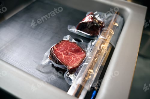 Preview: Close up of vacuum meat reading for storage in refrigerator in restaurant