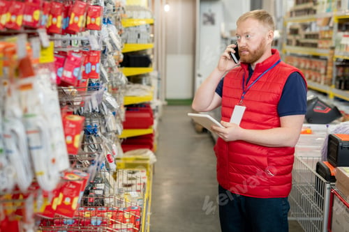 Preview: Shop assistant consulting clients on mobile phone