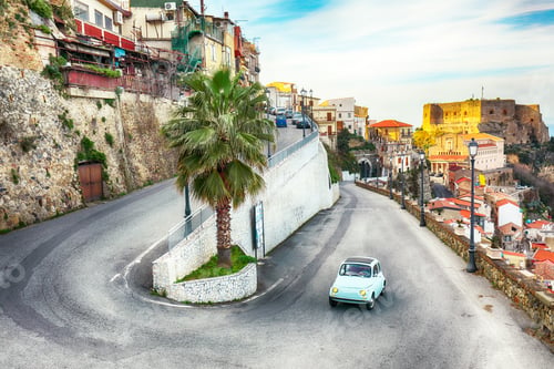 Preview: Beautiful seaside town village Scilla with old medieval castle on rock Castello Ruffo