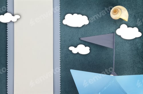 Preview: Blank banner and blue boat on fabric background