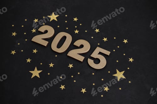 Visualização: Números dourados 2025 em fundo preto. Feliz Ano Novo 2025. Cartão de felicitações de Ano Novo