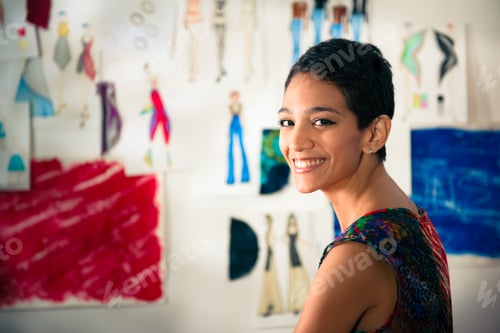 Preview: Portrait Of Happy Hispanic Young Woman Working As Fashion Design